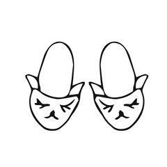 Drawing of cute Slippers. Slippers are decorated with cute cat faces. Drawing in the style of doodles. Isolated on a white background.