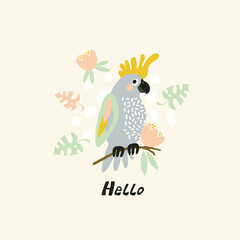 doodle illustration cute parrot in pastel colors