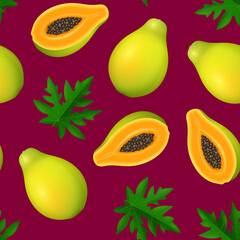 Realistic 3d Detailed Papaya with Half Seamless Pattern Background. Vector