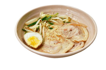 miso ramen or Japanese yellow noodles topping slice braised pork in soybean soup on bowl
