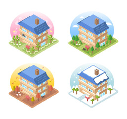 青い屋根の一軒家のイラスト・春夏秋冬