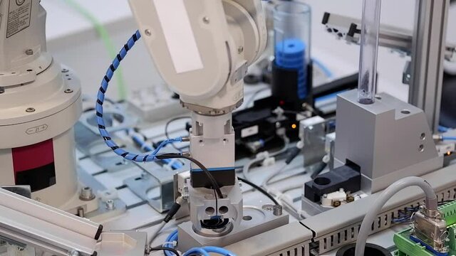 Industry 4.0 smart factory concept; Close-up of robot arm assembles the product. Selective focus.