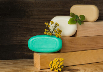 soap and flowers on the wooden desk