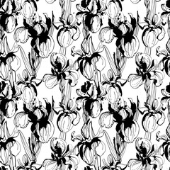 Floral flower iris seamless hand drawn pattern. Black and white