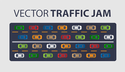 Traffic jam on the road. Road transport. Highway banner. Vector isolated background. Top or Above View