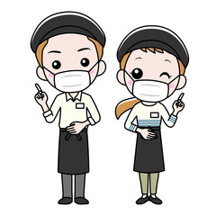 マスクをして案内するカフェ店員