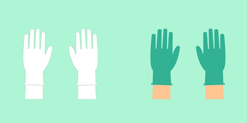 Hands putting on protective gloves. green color and black and white line