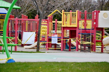 A COVID-19 closed playground and equipment in Scarborough, Ontario. This closure is part of the City of Toronto’s ongoing efforts to stop the spread of COVI