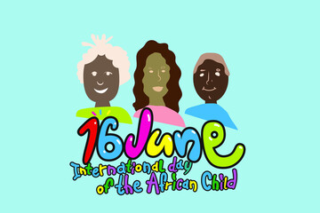 Flat vector illustration, International Day of the African Child, June 16th. Bubble lettering, bright colors, characters. 