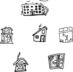 Black and white icons of private houses, villas, summer houses. Vector illustration white isolated.