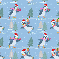 Cute penguin with gift on skate in winter.