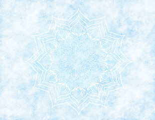 Frosty mandala mystic abstract background in light blue color. With an icy, misty, scratched effect.