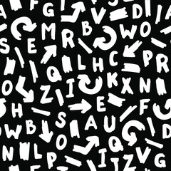 Seamless pattern with white letters and arrows on a black background. Vector illustration.