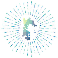 Shape of Patmos, polygonal sunburst. Map of the island with colorful star rays. Patmos illustration in digital, technology, internet, network style. Vector illustration.