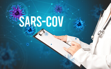 doctor prescribes a prescription with SARS-CoV inscription, pandemic concept