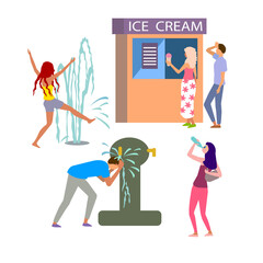 Hot weather. People refreshing  themself with ice cream, bottle of water, bathe in fountain. Vector illustration