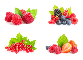 Healthy fresh food. Different berries collage set. Macro shots of fresh raspberries, blueberries, blackberries, strawberries, red currant and blackberries with leaves isolated on white background.