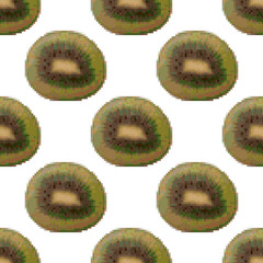 Kiwi seamless pattern on a white background. Pixel Graphics, tropical fruit. 8 bit .Vector illustration.