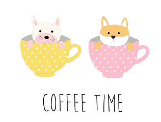 Lovely dogs in coffee cup. Coffee time concept background