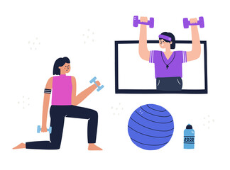 Woman training at home with a coach online on her tv. Virtual workout concept. HAnd drawn vector illustration for add, banner, social media