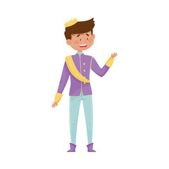 Dark Haired Prince with Golden Crown Wearing Carnival Suit and Waving Hand Vector Illustration