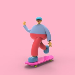 3d character skateboard guy in cartoon style. cartoon character skateboarder ride, extreme sport trick, active lifestyle illustration..