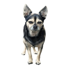 Cute dark Chihuahua dog isolated on white background. Drawing of a toy terrier. Animal art collection: Dogs. Cute puppy. Realistic Illustration of Pet. Good for print t shirt, pillow. Design template