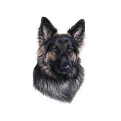 German Shepherd Dog isolated on white background. Realistic drawing of a head of a Long Coat German Shepherd. Animal Art collection: Dogs. Hand Painted Illustration of Pets. Design template