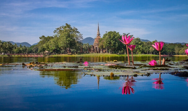 Wat Mahathat, Sukhothai old city, Thailand. Ancient city and culture of south Asia.