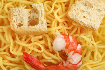 Fresh yellow egg noodle prawn tofu on whit background