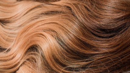 Naklejka premium Wigs synthetic and natural hair. Light blown and blonde ombre hair. Womens beauty concept