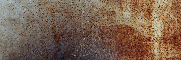 Abstract rusty metal background of painted metal texture with traces of corrosion. Panorama. Close up.