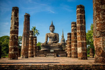 Wat Mahathat, Sukhothai old city, Thailand. Ancient city and culture of south Asia.