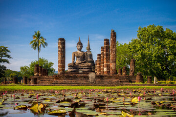 Wat Mahathat, Sukhothai old city, Thailand. Ancient city and culture of south Asia.