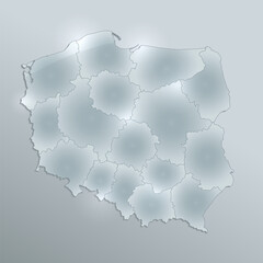 Poland map separates regions and names individual regions, design glass card 3D blank raster