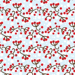 beautiful seamless blue pattern. winter. red Rowan in the snow. colorful cover, print, template.