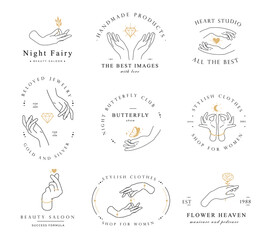 Set hand line logo gesture. Vector illustration on white background. Hand drawn style. Love, care, skin and tatoo vector illustrations.