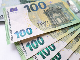 Fototapeta na wymiar Fan paper money, banknotes of 100 euros. On white background