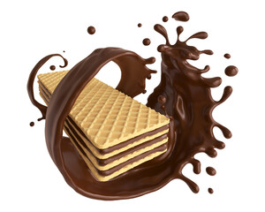 crispy wafer with chocolate Splash, with Clipping path 3d illustration.