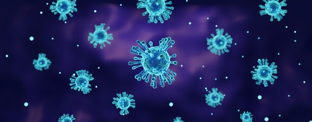 3D rendering of Microbiology Coronavirus infected disease as panorama background.