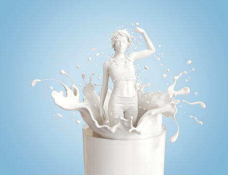 Splash of milk in form of Girl Fitness Exercise shape, with clipping path. 3D illustration.
