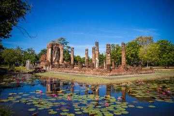 Wat Mahathat, Sukhothai old city, Thailand. Ancient city and culture of south Asia.