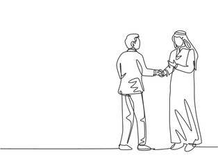 Single line drawing of businessmen handshaking his Arabian business partner. Great teamwork. Business project deal concept with dynamic continuous line draw style vector graphic illustration