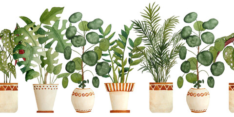 Watercolor hand drawn seamless horizontal border with houseplants in brown clay terra cotta pots. Potted begonia, pilea Chinese money plant, Zamioculcas zz plant, mostera, palm tree. Flowerpots in