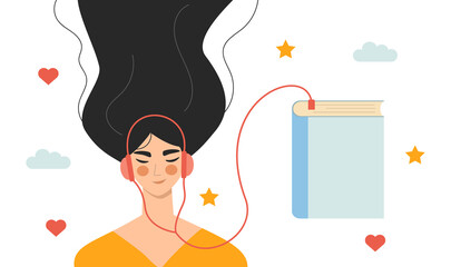 Beautiful young girl in headphones listening to audio book. Audiobook concept. Woman listening to books online, enjoying literature, learning. Audio bookworm. Flat vector illustration