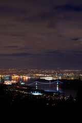 Fototapeta na wymiar Lions Gate Bridge and Vancouver Night vertical. The Lions Gate Bridge at night with Stanley Park and downtown Vancouver in the background.