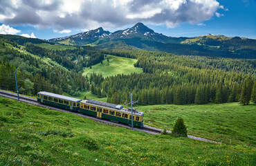 Landscape of Swiss Alps with green nature, meadow and Grindelwald - Kleine Scheidegg train, Bernese Alps, Switzerland.