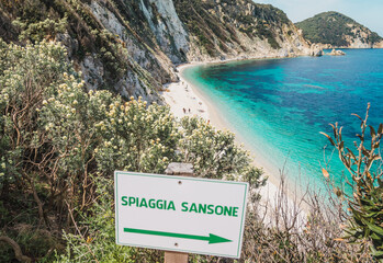 Italy, Elba island panoramic view of beautiful bay with emerald water and idyllic beach called...