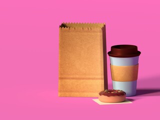 DELICIOUS CHOCOLATE DONUT COFFEE CUP AND PAPER BAG MOCKUP 3D ILLUSTRATION