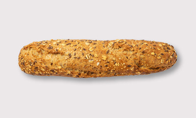 Baguette with seeds on a white background